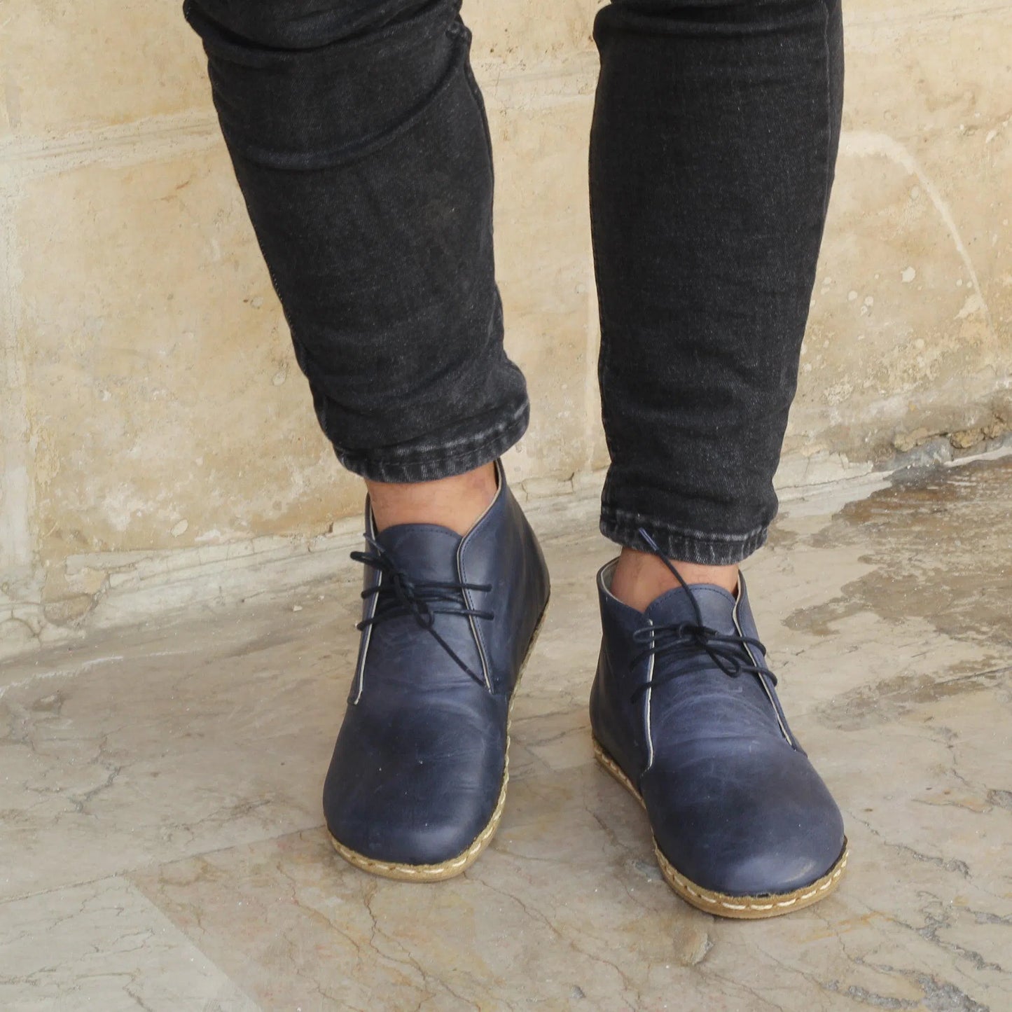 Navy Blue Barefoot Leather Men's Laced Short Boots-Ayakkabılar-nefesshoes-5-Nefes Shoes