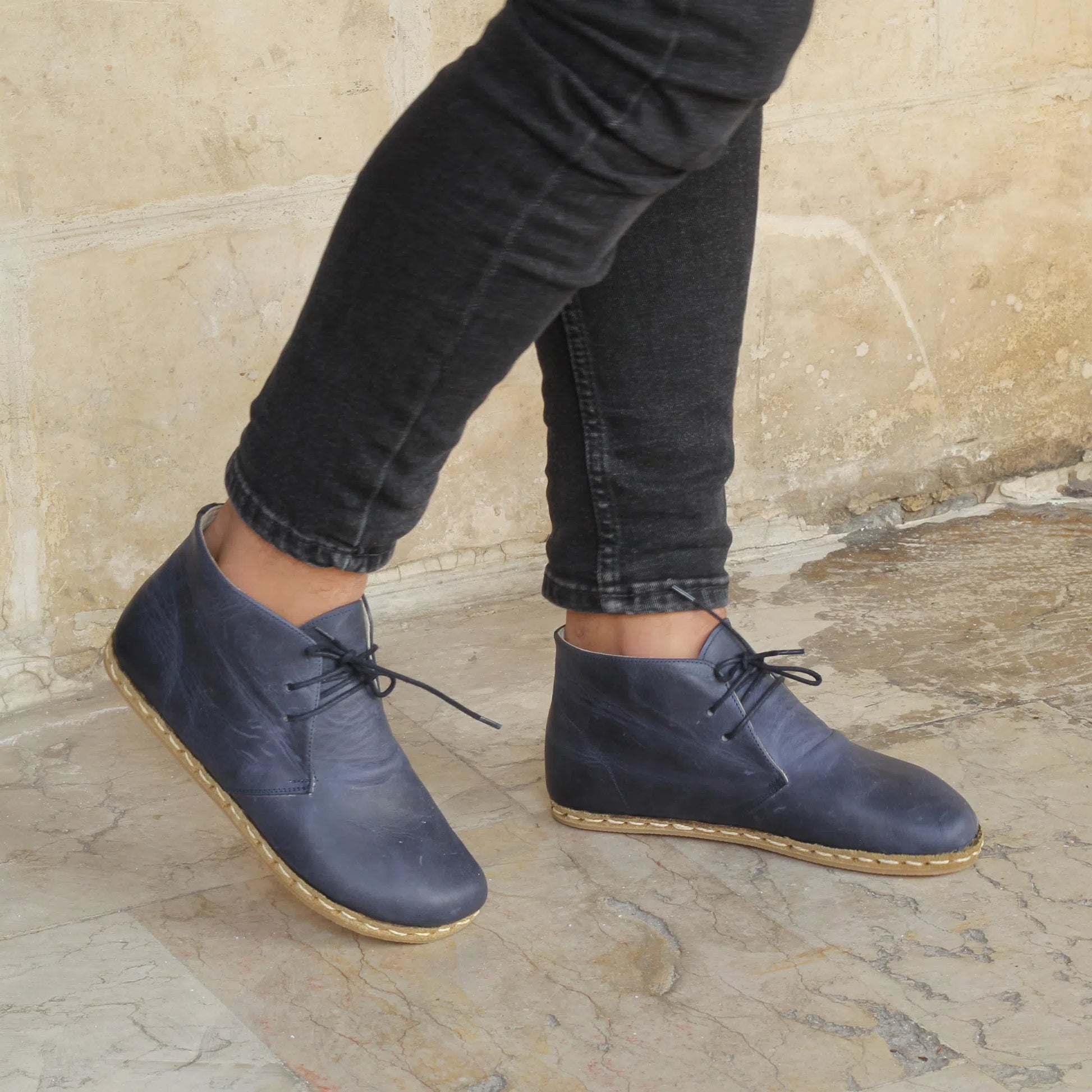 Navy Blue Barefoot Leather Men's Laced Short Boots-Ayakkabılar-nefesshoes-5-Nefes Shoes