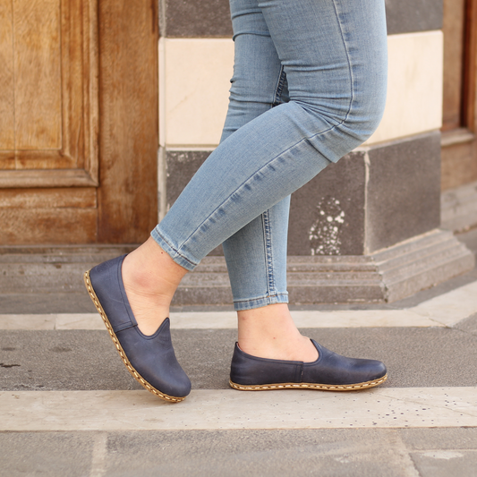 Navy Blue Barefoot Leather Shoes Flat for Women-Women Barefoot Shoes Classic-nefesshoes-3-Nefes Shoes