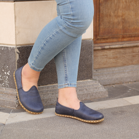 Navy Blue Barefoot Leather Shoes Flat for Women-Women Barefoot Shoes Classic-nefesshoes-3-Nefes Shoes