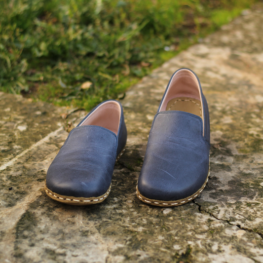 Navy Blue Leather Handmade Barefoot Men's Loafer Shoes-Men Barefoot Shoes Modern-nefesshoes-3-Nefes Shoes