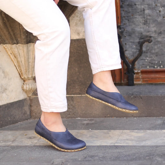 navy blue womens handmade barefoot loafers