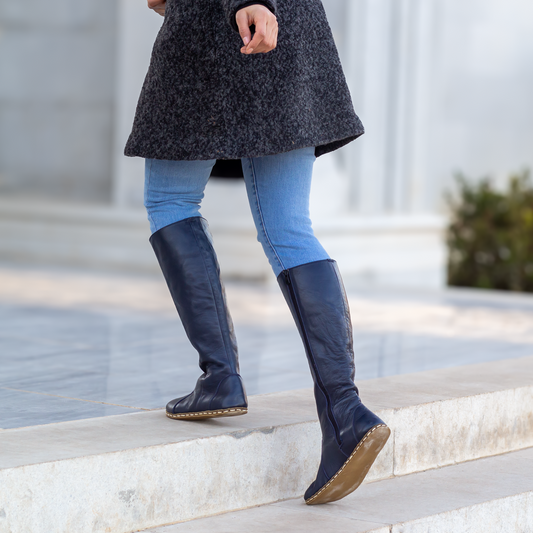 Navy Blue Women's Leather Barefoot Earthing Long Boots-Horse Boots Women-Nefes Shoes-5-Nefes Shoes