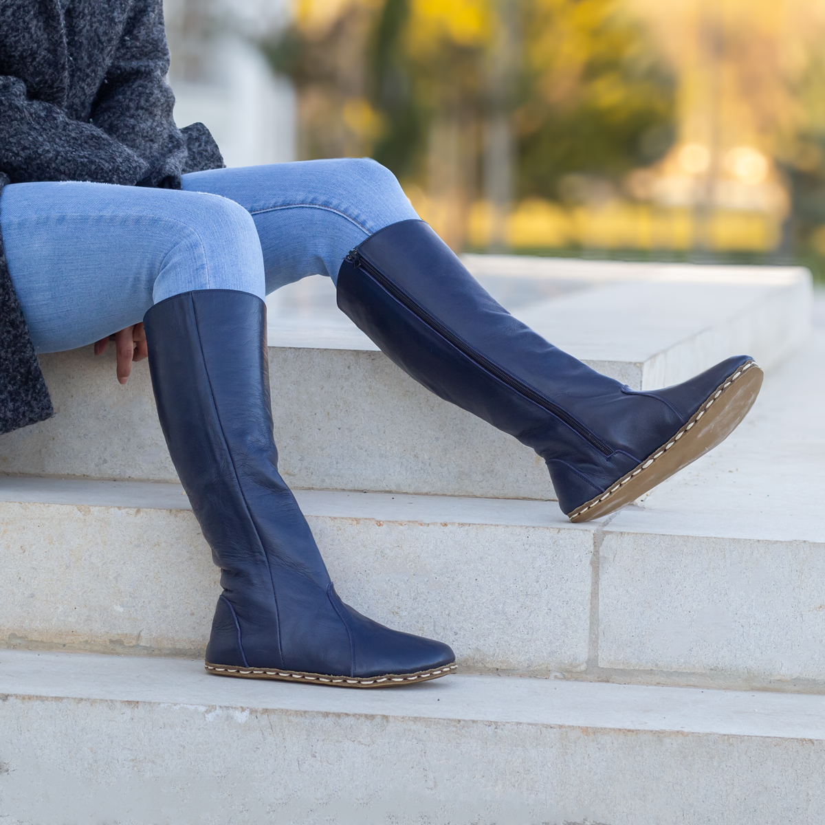 Navy blue leather flat boots online