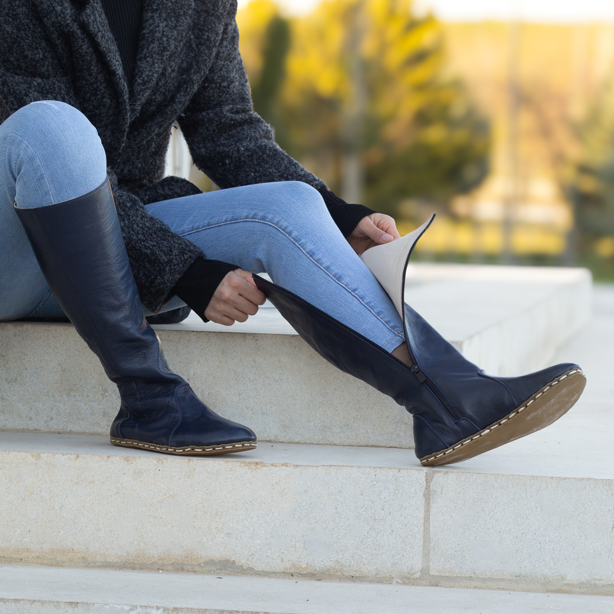 Navy leather shoe boots best sale