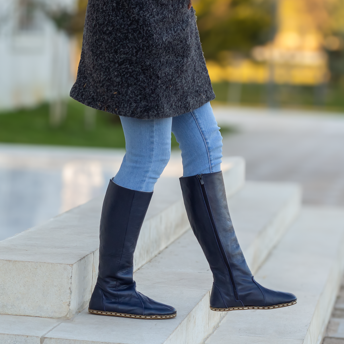 Navy Blue Women's Leather Barefoot Earthing Long Boots-Horse Boots Women-Nefes Shoes-5-Nefes Shoes