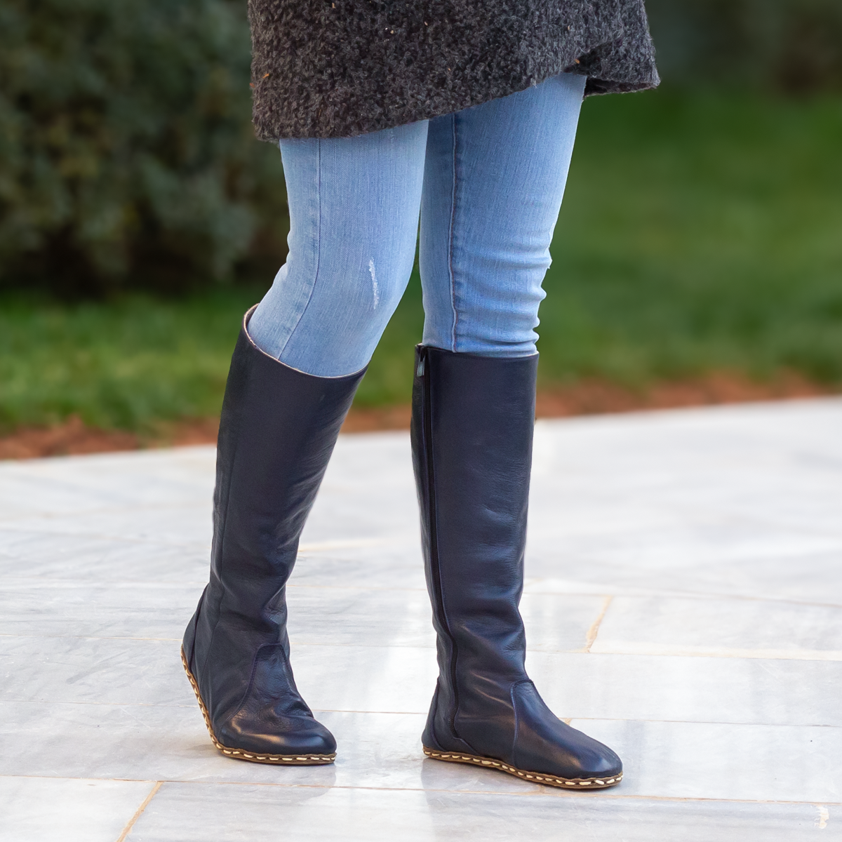 Navy Blue Women's Leather Barefoot Earthing Long Boots-Horse Boots Women-Nefes Shoes-5-Nefes Shoes