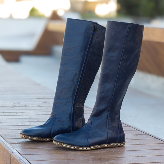 Navy Blue Women's Leather Barefoot Earthing Long Boots-Horse Boots Women-Nefes Shoes-5-Nefes Shoes
