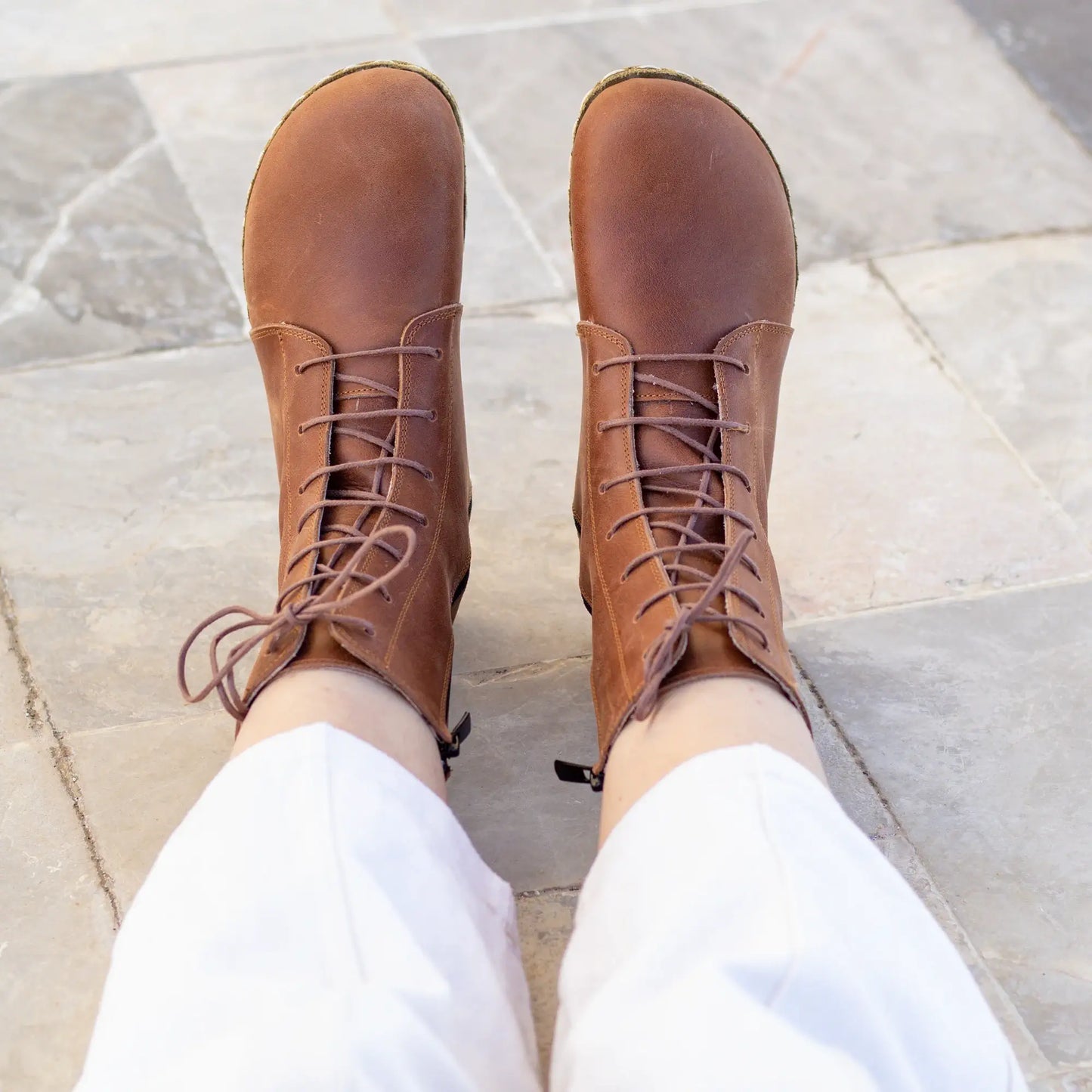 new brown barefoot leather lace up boots for women