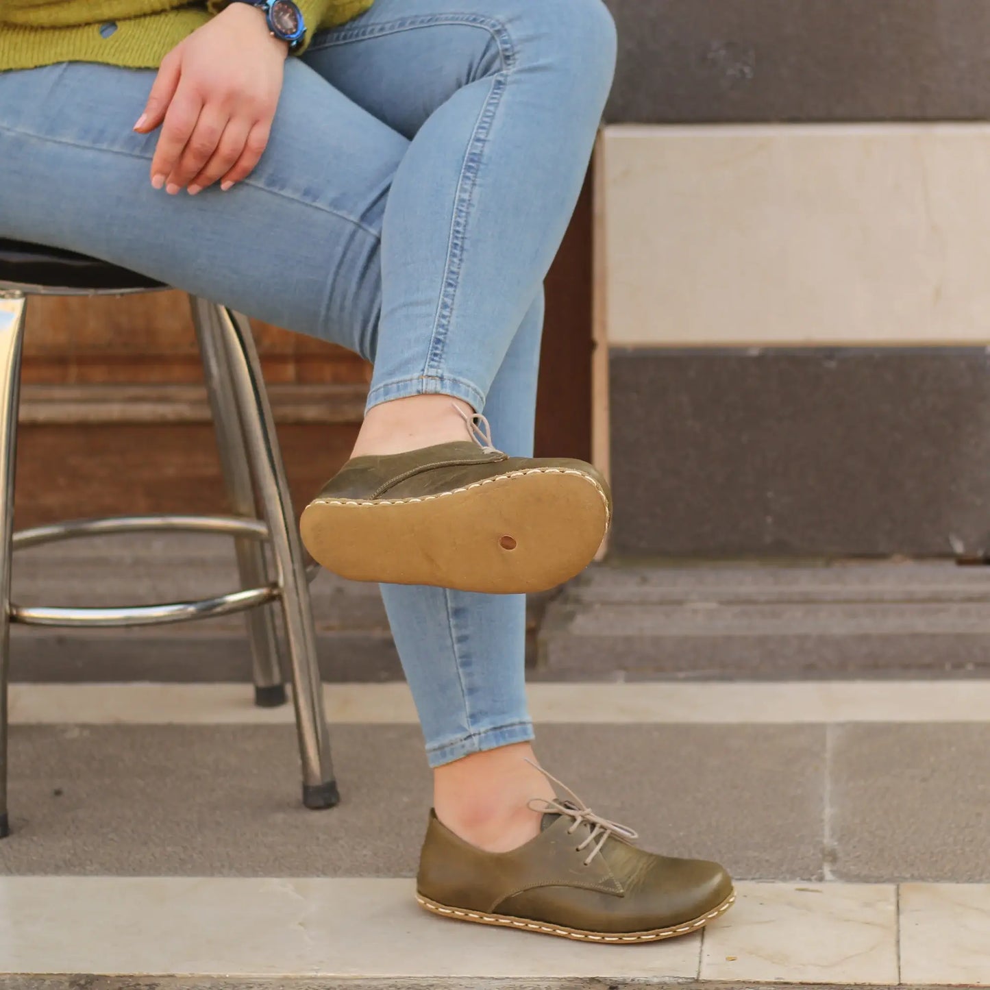new womens handmade military green barefoot leather shoes