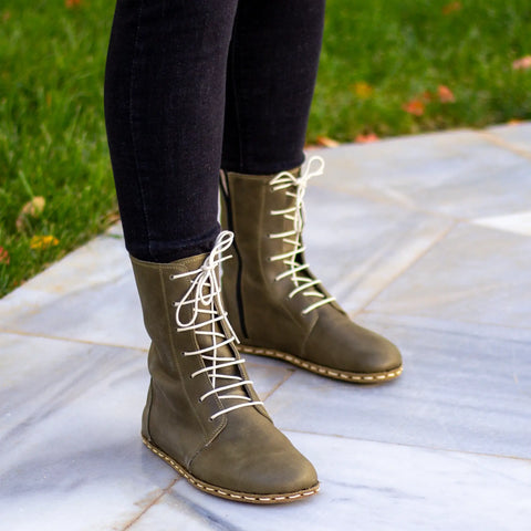 olive green barefoot leather lace up boots women