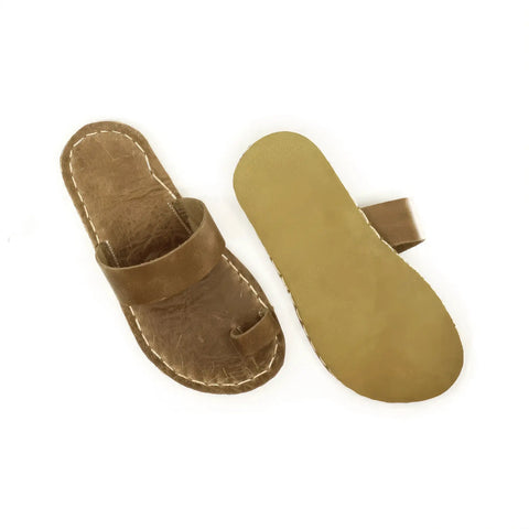 one toe leather slippers light brown for women