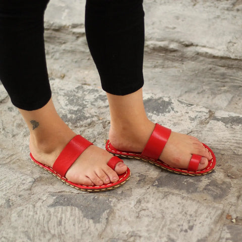 red one toe leather slipper women handmade comfort