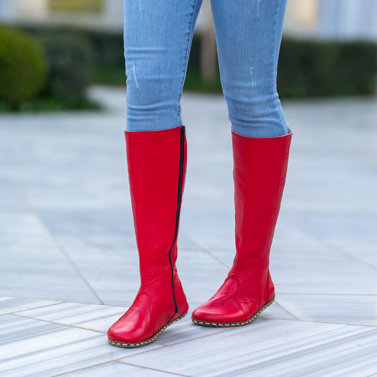 Red Women s Leather Barefoot Earthing Long Boots Nefes