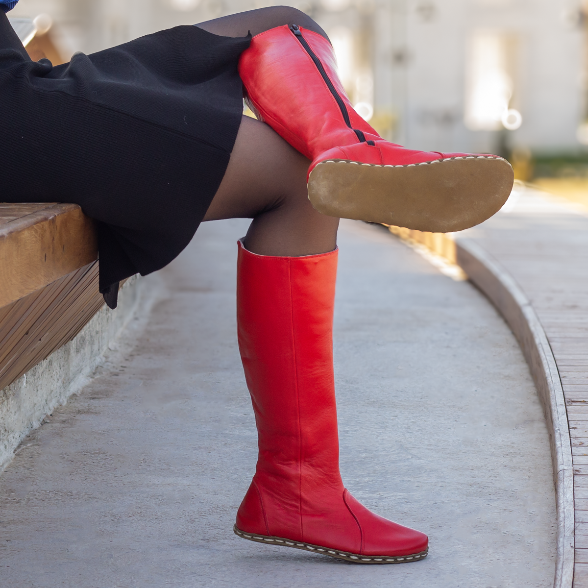 Red Women's Leather Barefoot Earthing Long Boots-Horse Boots Women-Nefes Shoes-5-Nefes Shoes