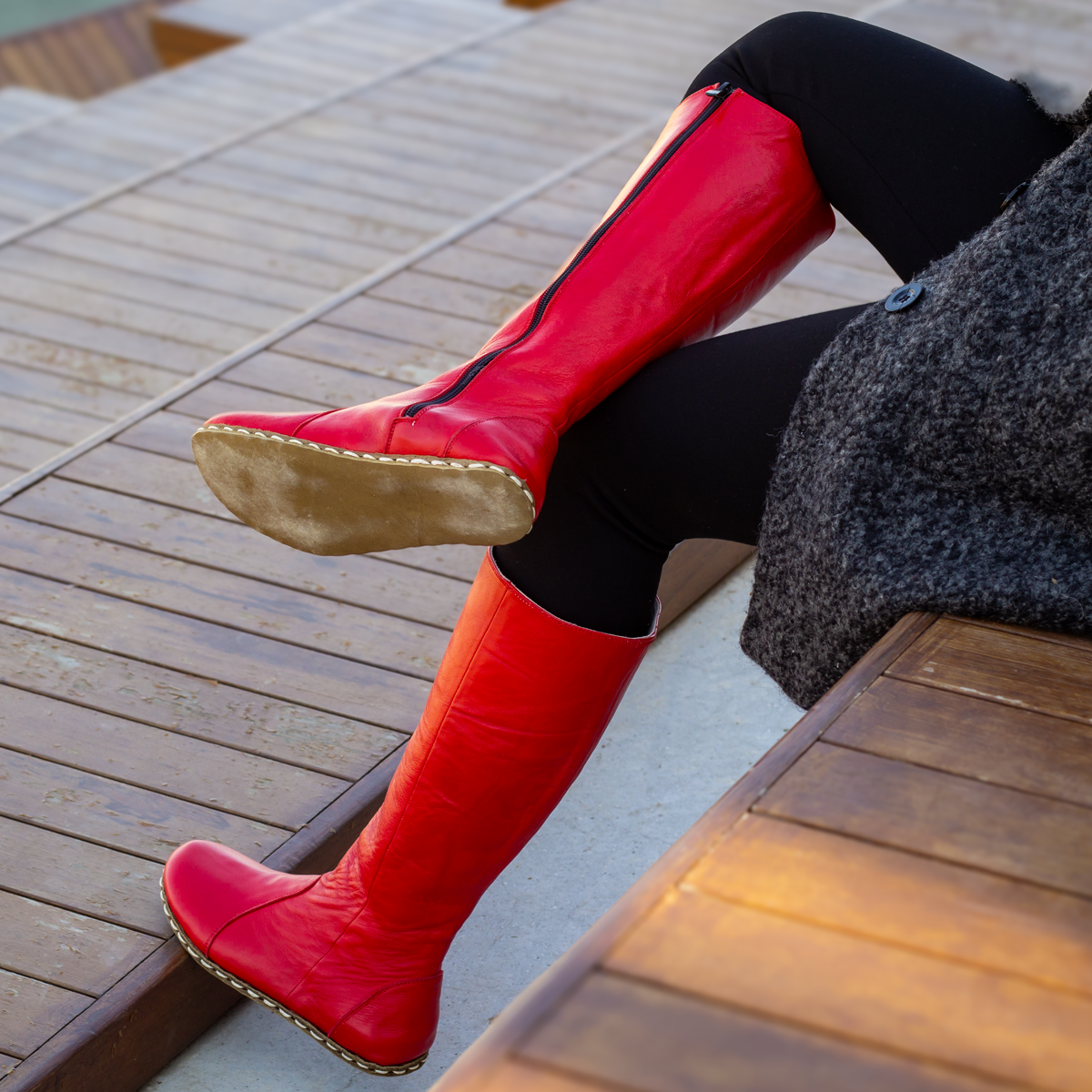 Red Women's Leather Barefoot Earthing Long Boots-Horse Boots Women-Nefes Shoes-5-Nefes Shoes