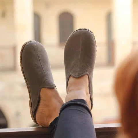 soft gray sheepskin house slippers for women