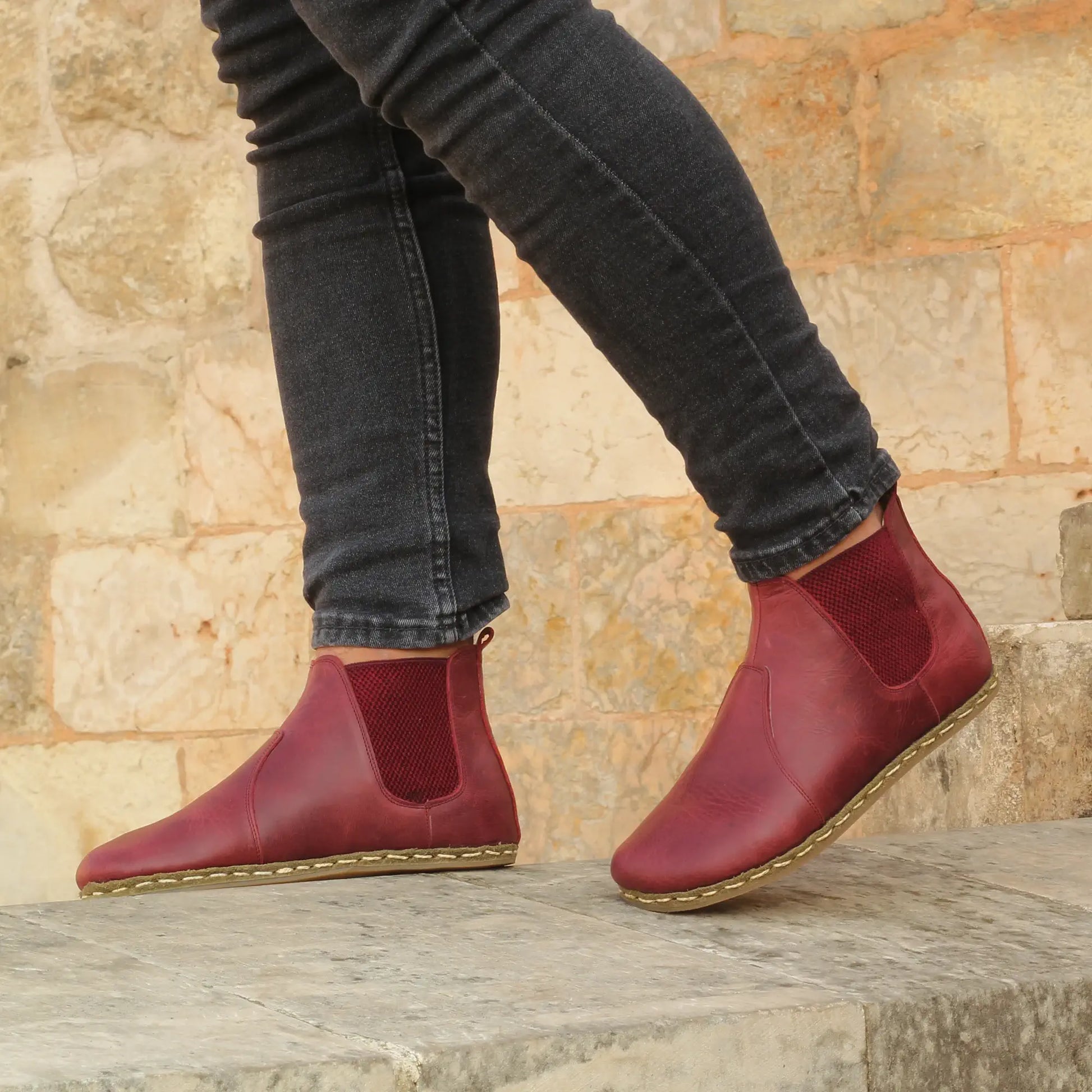 stylish mens handmade burgundy chelsea barefoot boots