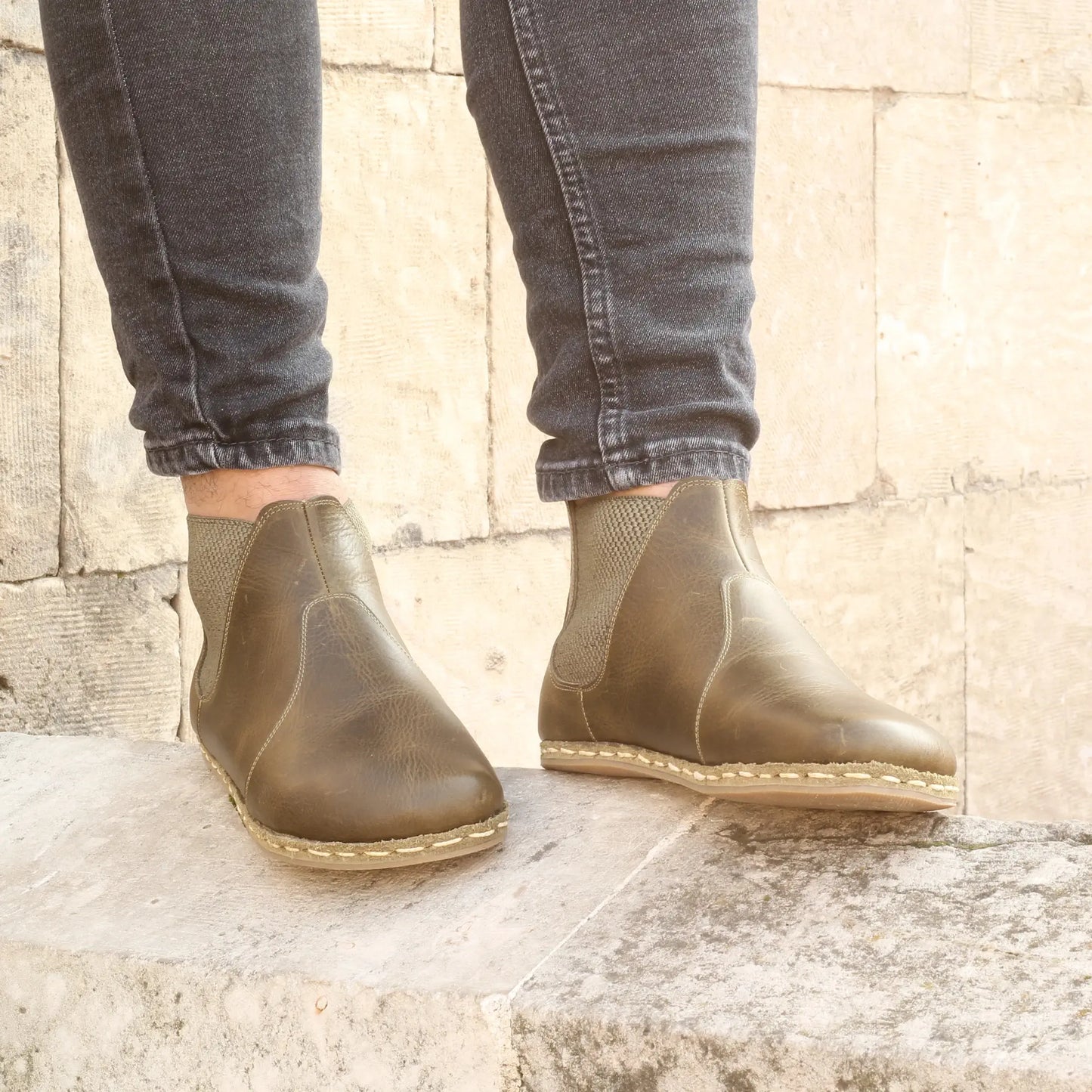 stylish mens handmade military green chelsea barefoot boots
