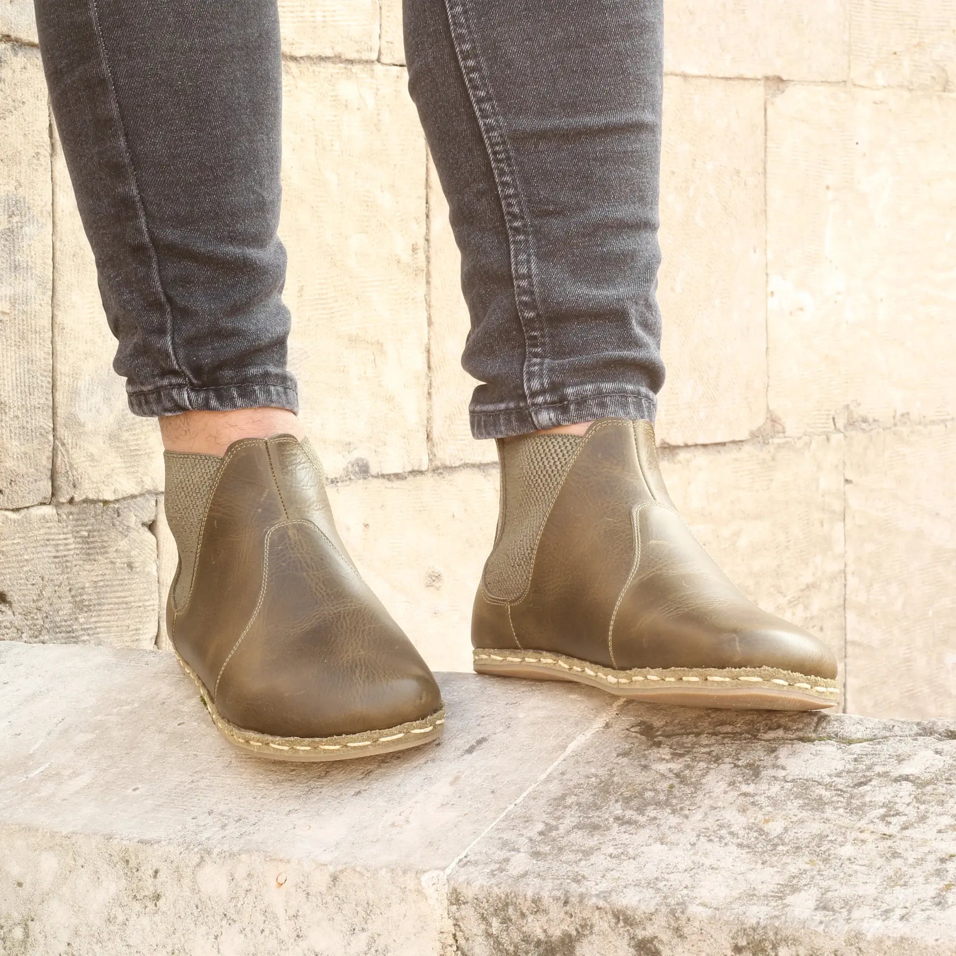 stylish mens handmade military green chelsea barefoot boots