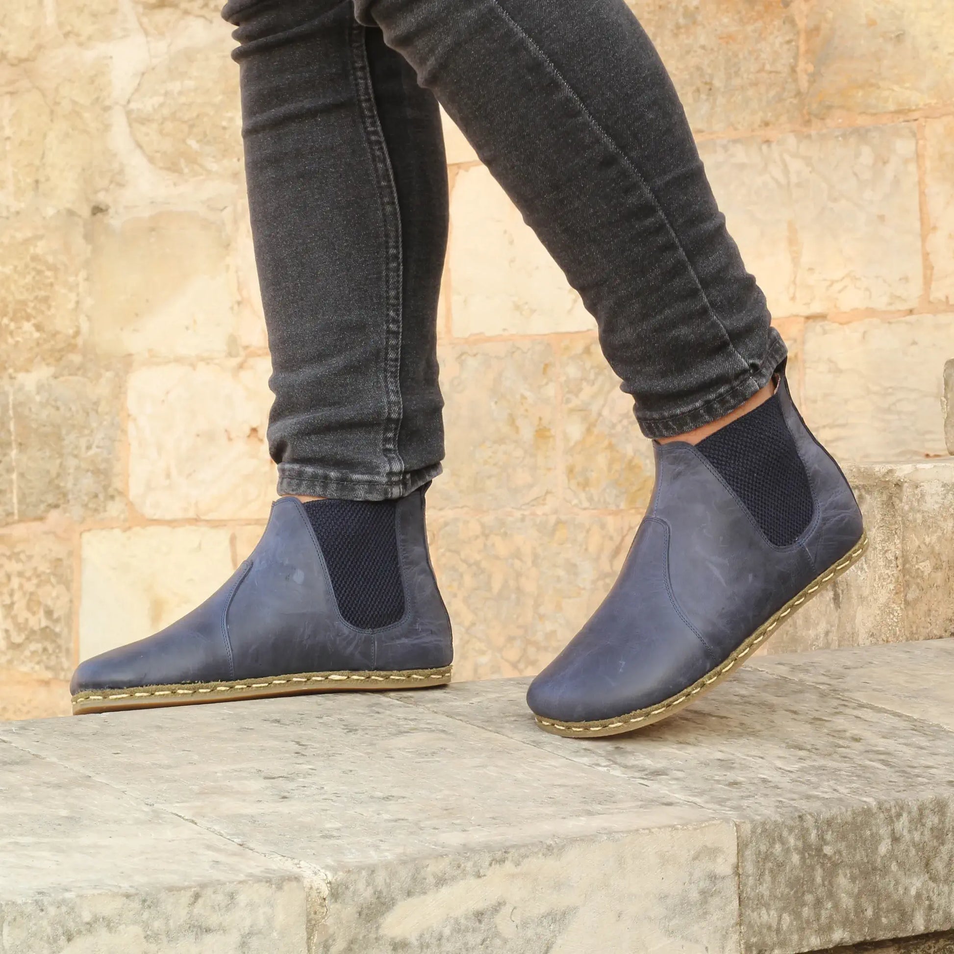 stylish mens handmade navy blue chelsea barefoot boots
