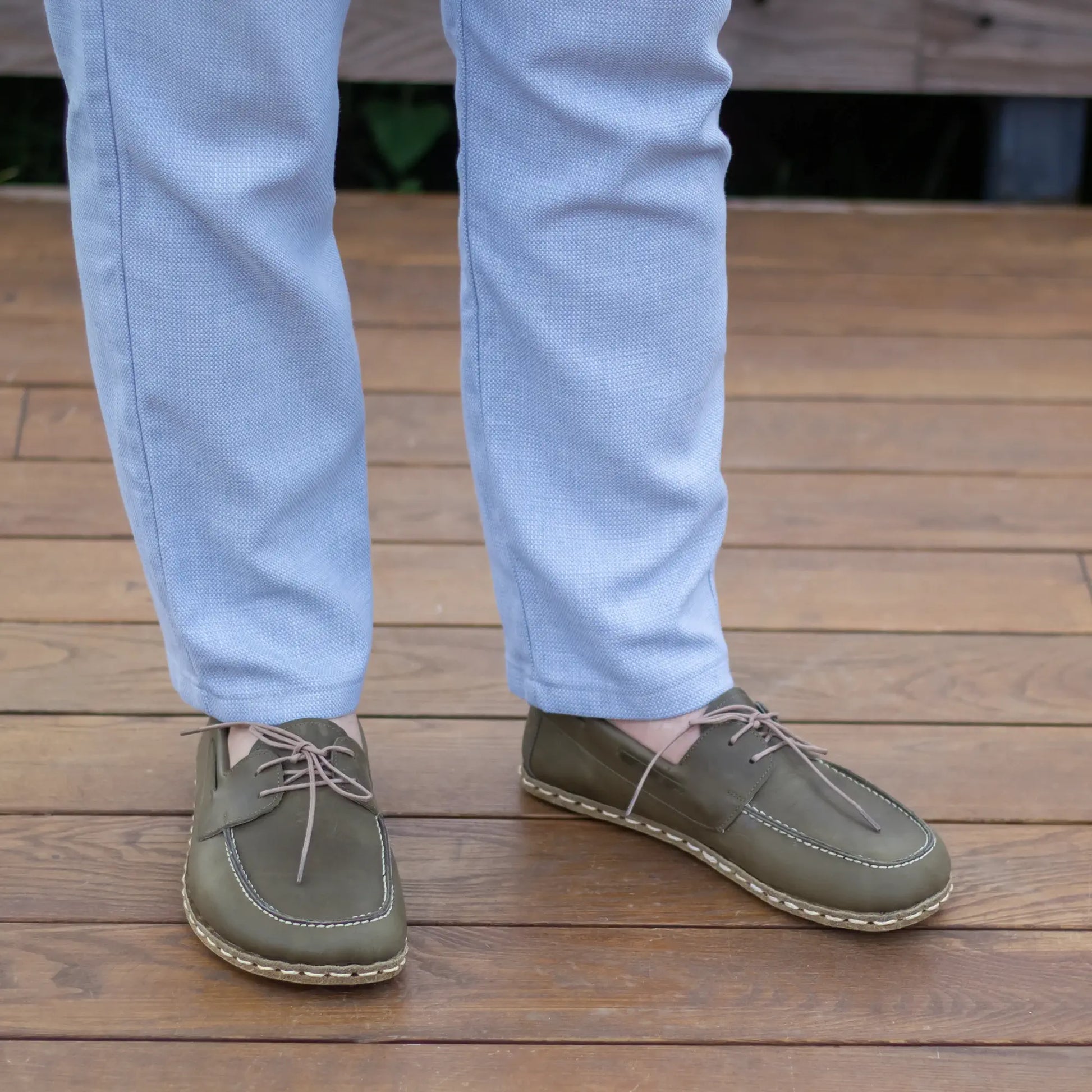 stylish military green mens leather barefoot earthing shoes