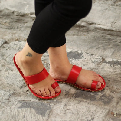 stylish red leather slippers one toe for women