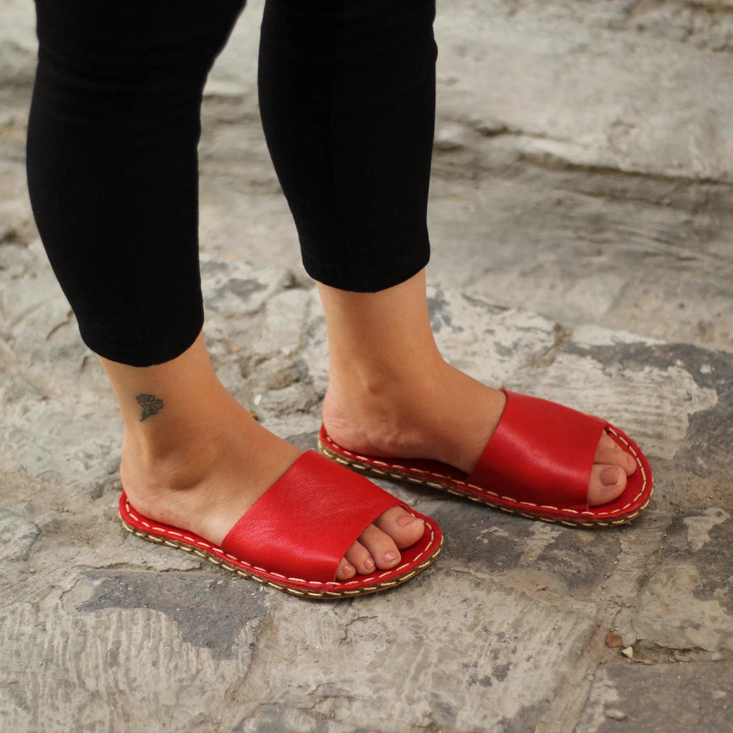 stylish red leather slippers women handmade daily