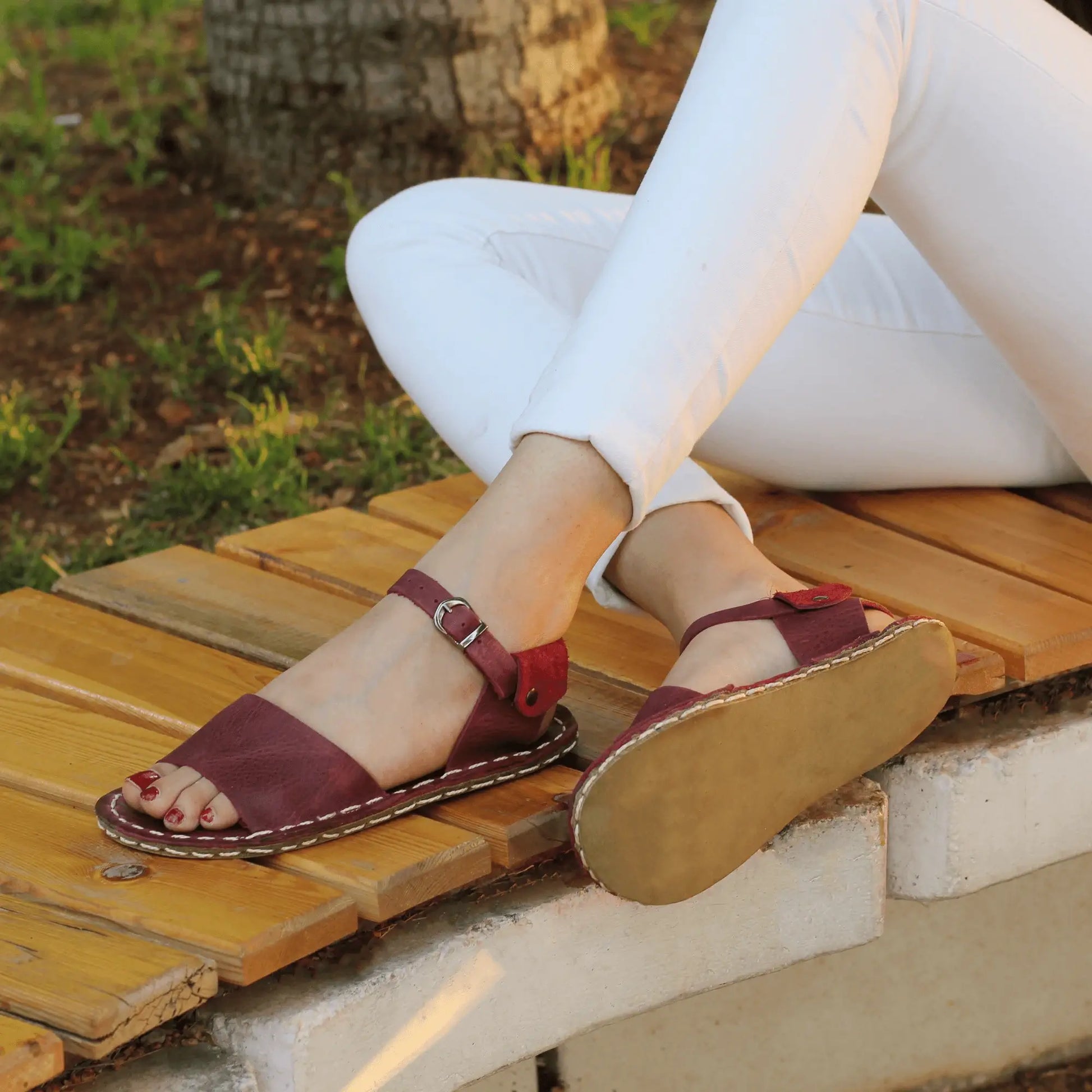 stylish womens band burgundy leather barefoot huarache sandals