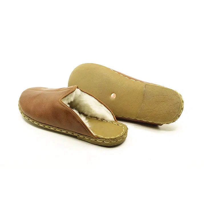 summer slippers nubuc brown fur fuzzy leather