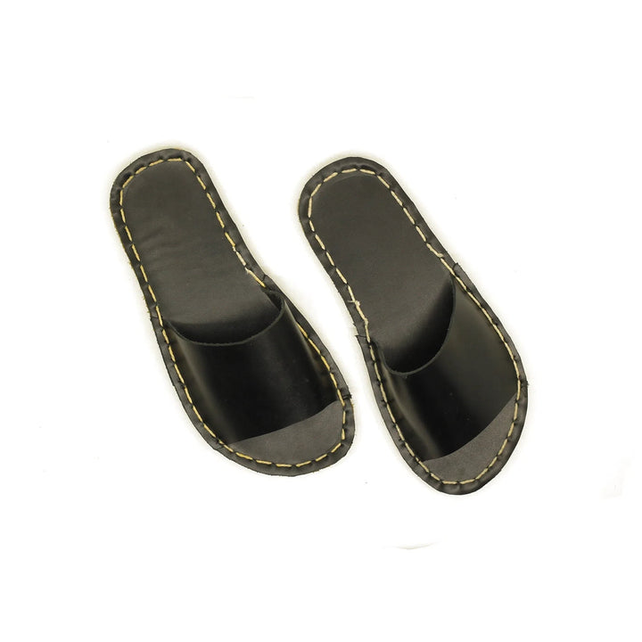 tape handmade black leather slippers for women