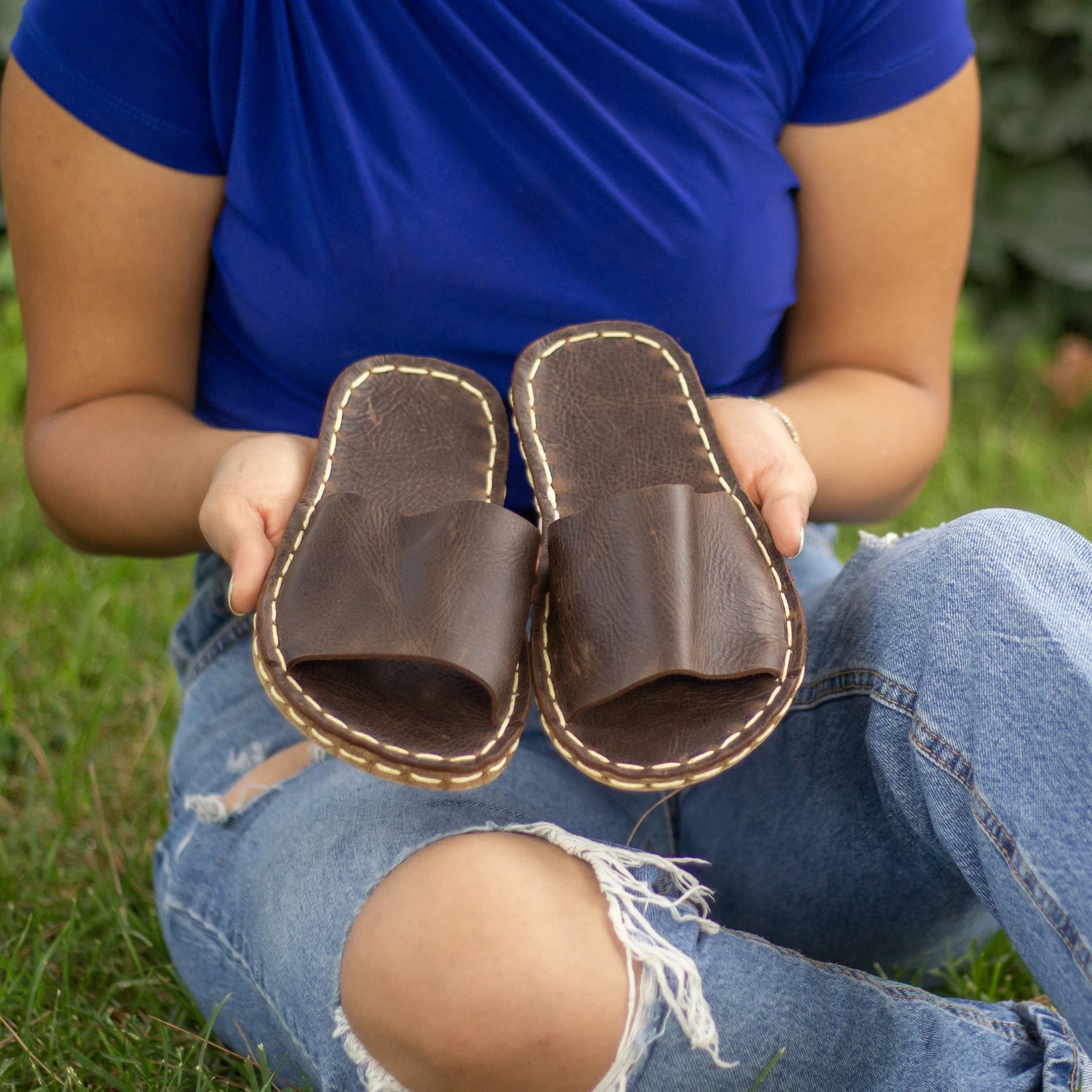 tape handmade brown leather slippers for women
