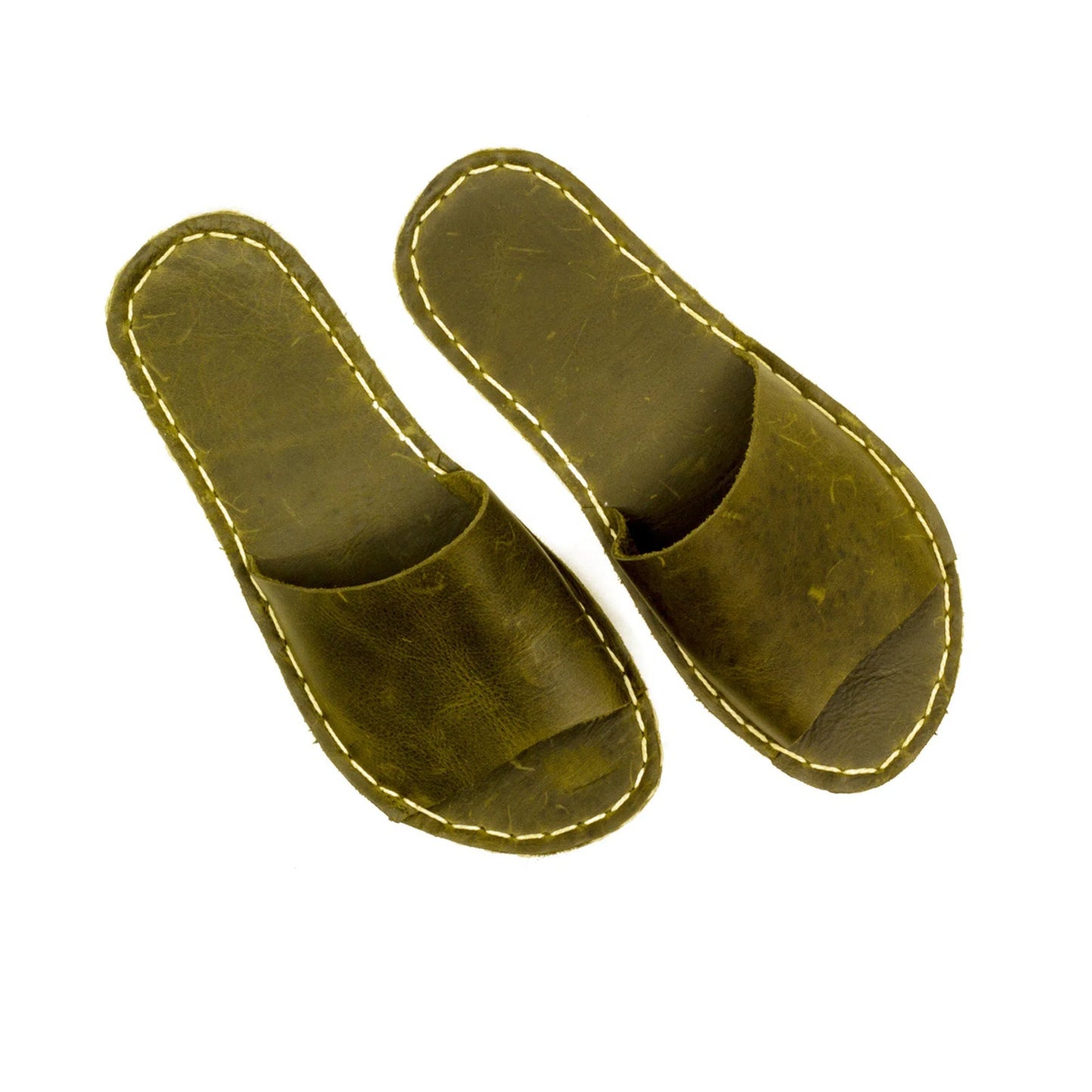 Tape Handmade Olive Green Leather Slippers for Men-Tape Slippers-nefesshoes-5-Nefes Shoes