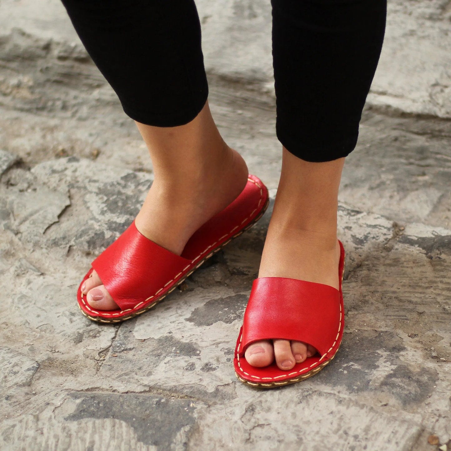 Tape Handmade Red Leather Slippers for Women-Tape Slippers-nefesshoes-3-Nefes Shoes