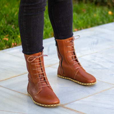 tornado brown leather barefoot lace up grounding boots women