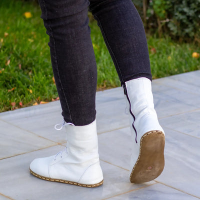 white barefoot leather lace up boots for women