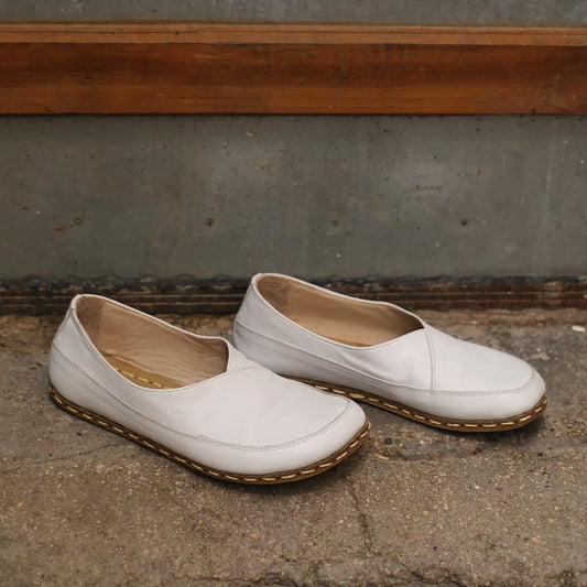 white womens handmade barefoot loafers