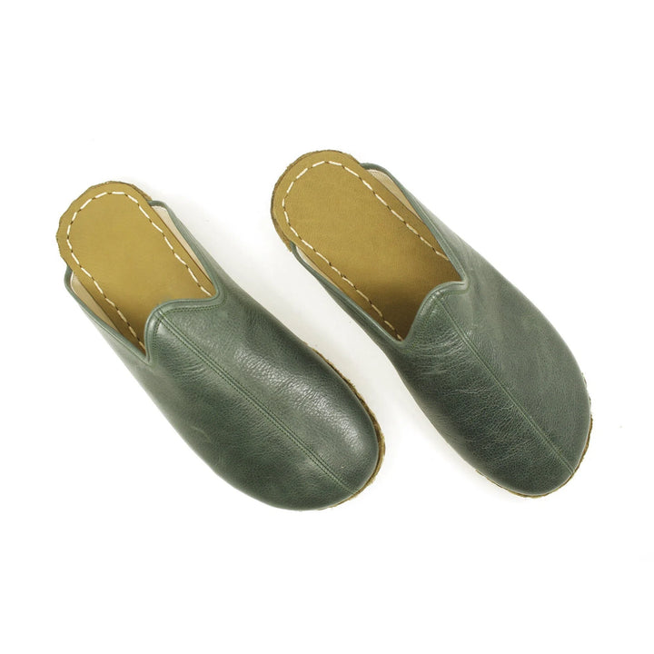 winter green barefoot close toed leather slippers
