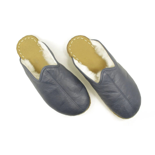 Winter Navy Blue Sheepskin Close Toed Leather Slippers-nefesshoes-4-Nefes Shoes