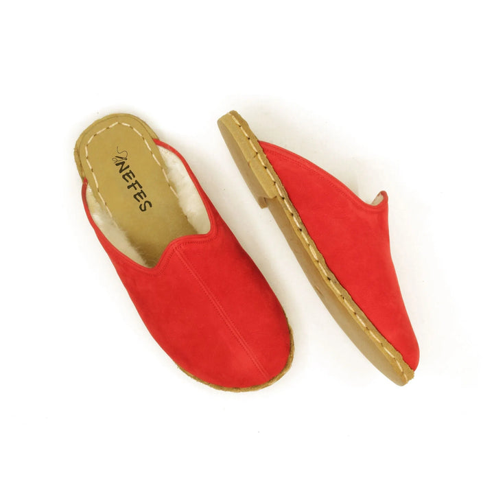 winter red sheepskin barefoot slippers warm cozy