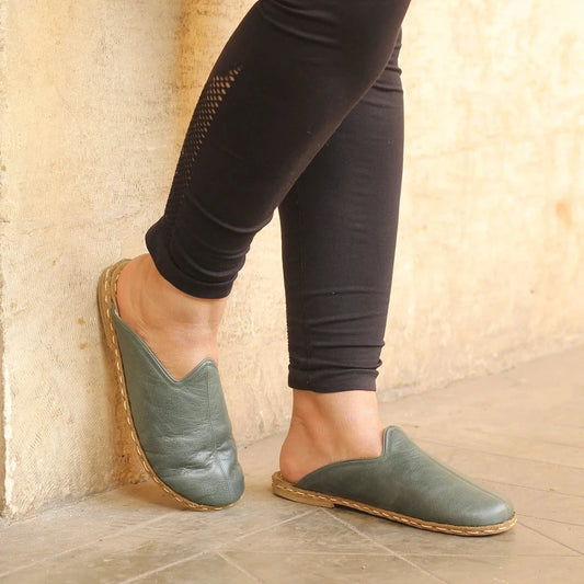 Winter Toledo Green Leather Sheepskin Barefoot Slippers-Sheepskin Slipper-nefesshoes-4-Nefes Shoes