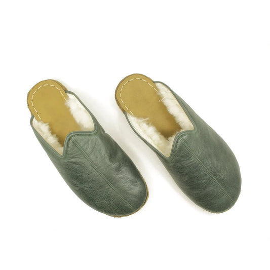 Winter Toledo Green Leather Sheepskin Barefoot Slippers-Sheepskin Slipper-nefesshoes-4-Nefes Shoes