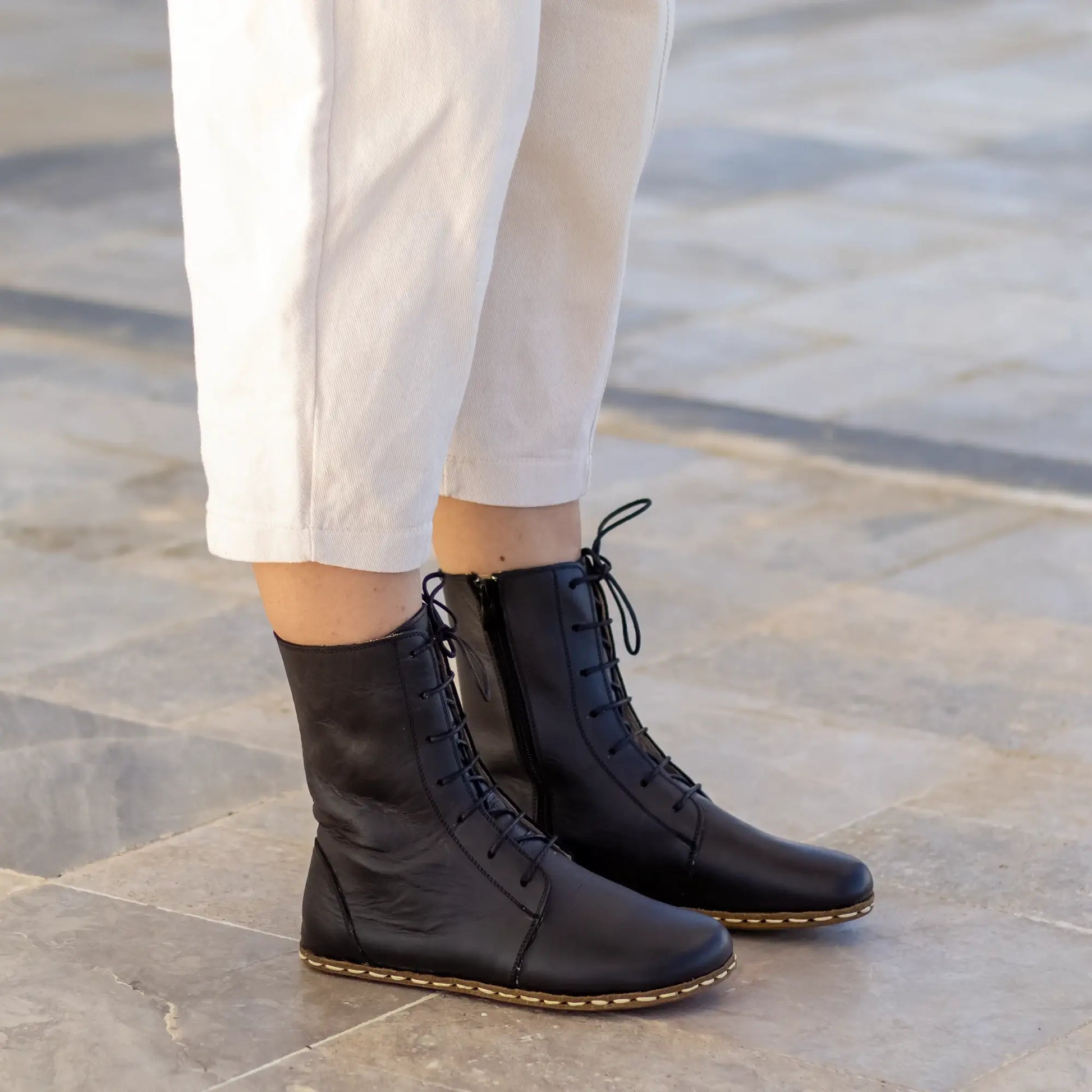womens barefoot black leather lace up boots