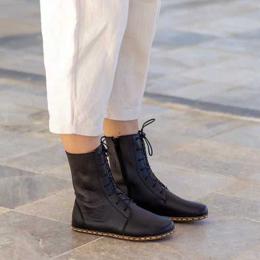 womens barefoot black leather lace up boots