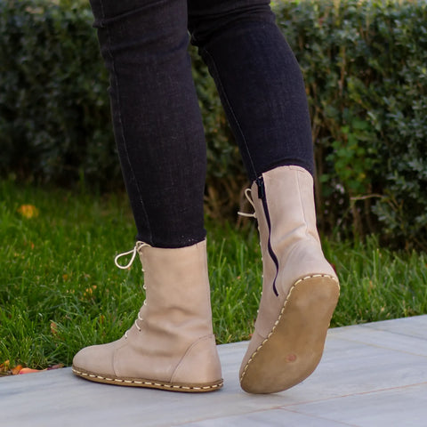 womens barefoot grounding cream lace up leather boots