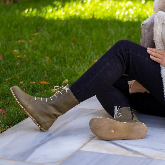 womens barefoot lace up olive green leather boots