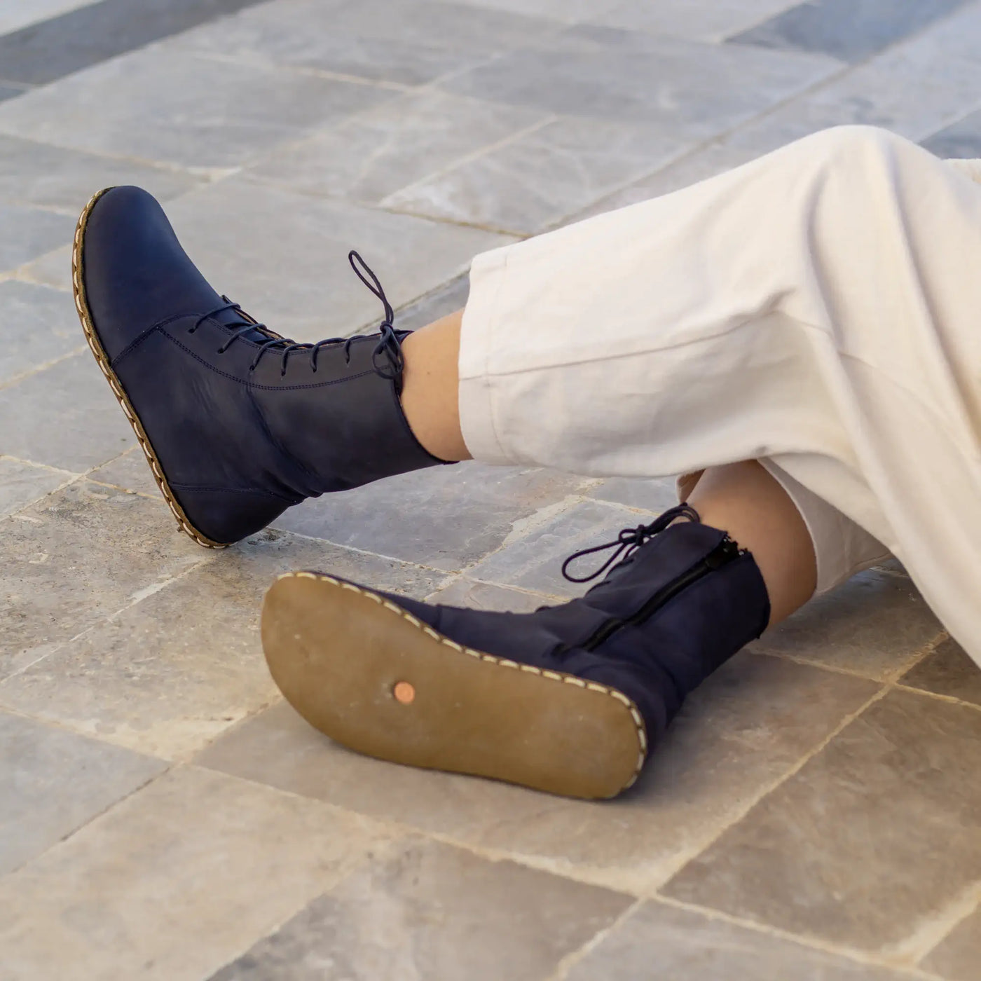 Barefoot Leather Lace-up Navy Blue Boots for Women - Nefes Shoes 10 Barefoot Leather Lace-up Navy Blue Boots for Women - Nefes Shoes 10