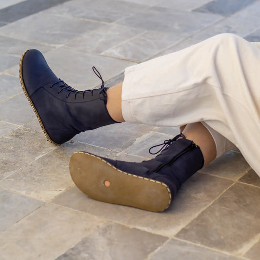 womens barefoot navy blue leather lace up boots