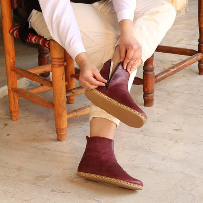 womens burgundy barefoot boots with zipper stylish wear