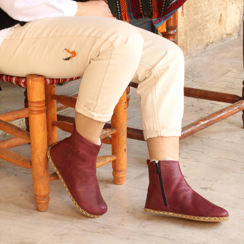 womens burgundy barefoot hiking leather boots durable